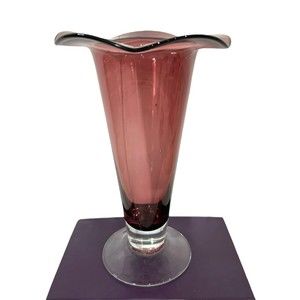 Vtg AAC Handcrafted Amethyst Glass Trumpet Vase Clear Base Art Deco MCM